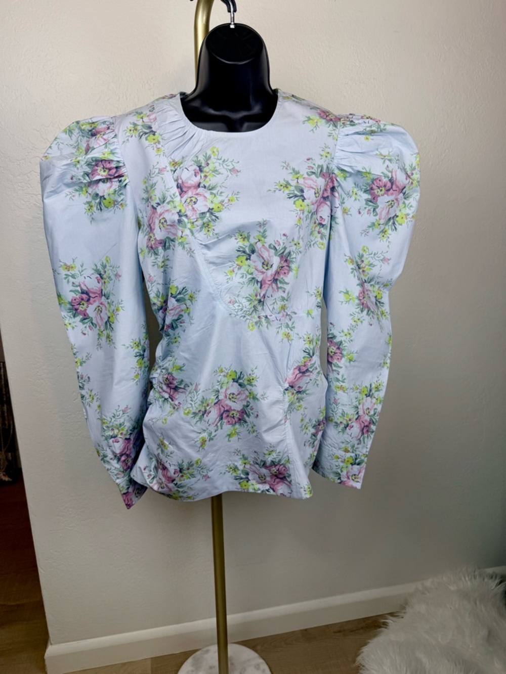 GANNI Light Blue Floral Organic Cotton Puff‎ Sleeve Ruched Blouse 44 Cottagecore